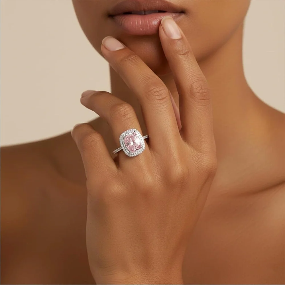 Elegant Pink and Sterling Silver Women's Ring 8 Carat Cocktail Ring Affinny - Picture 3 of 11